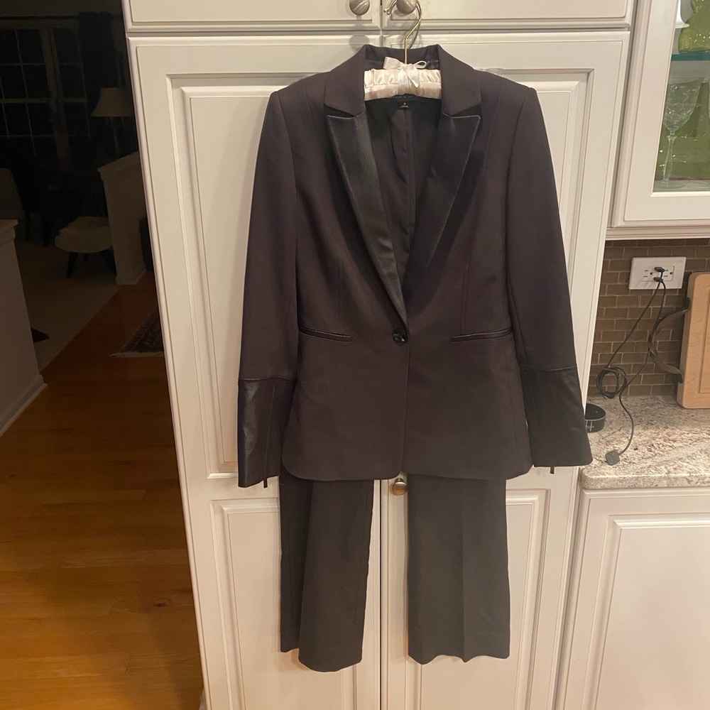 Tahari Black Pantsuit with Faux leather trim
